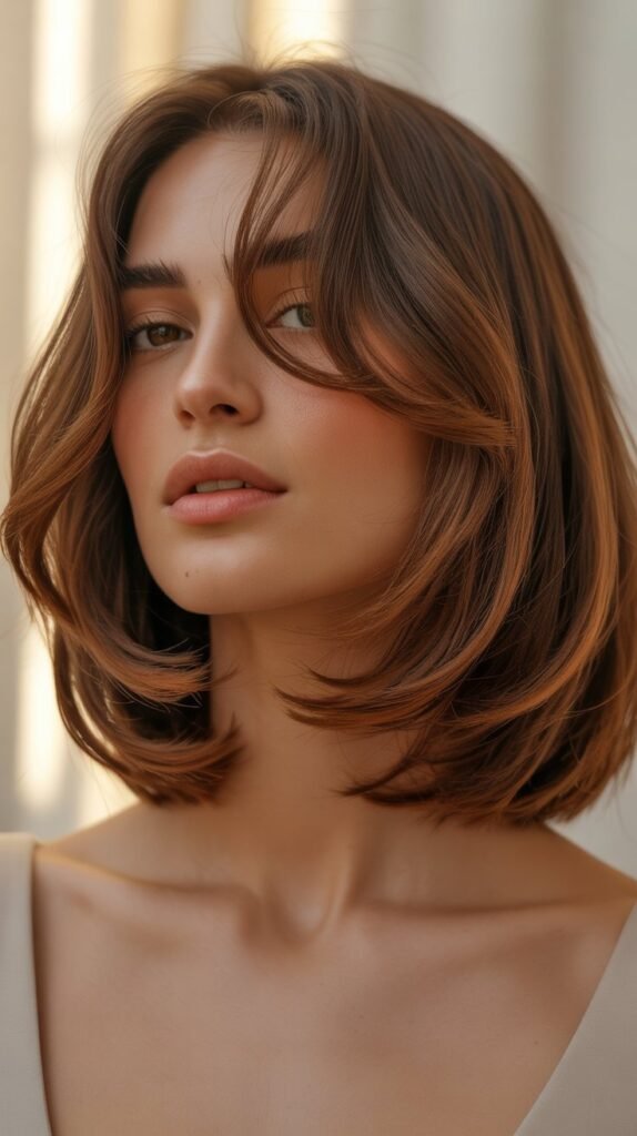 15. Long Bob with Face-Framing Layers and Wispy Bangs