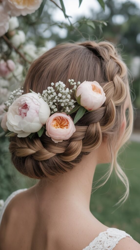 12. Braided Bun with Floral Accent