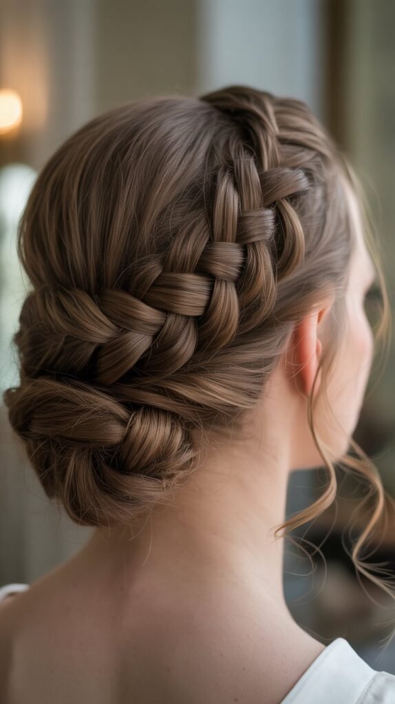 18. Fishtail Braided Updo with Curled Wisps