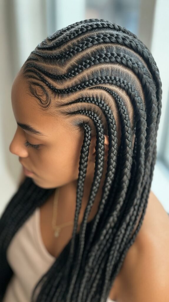6. Curved Cornrows Flowing into Box Braids