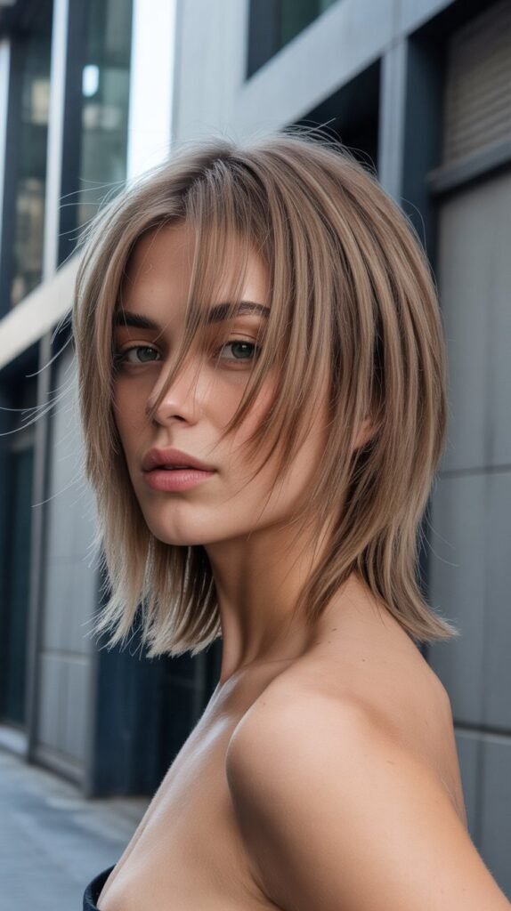 20. Razor-Cut Long Bob with Piecey Bangs