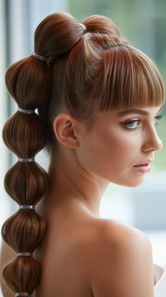 26. Bubble Ponytail Updo with Blunt Fringe
