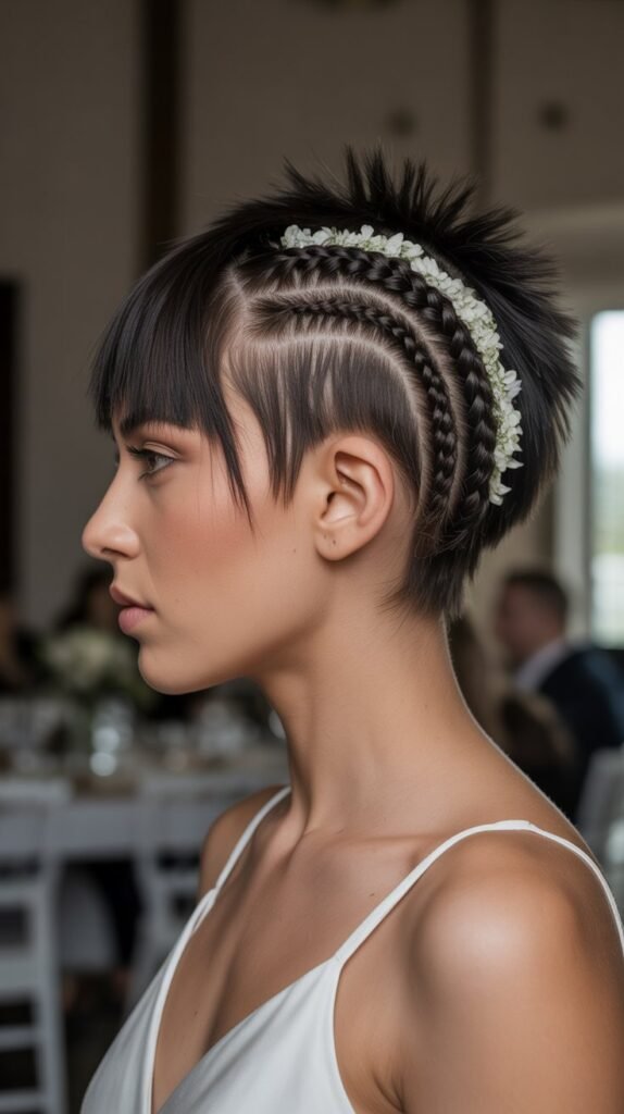 11. Braided Mohawk Updo with Razored Bangs