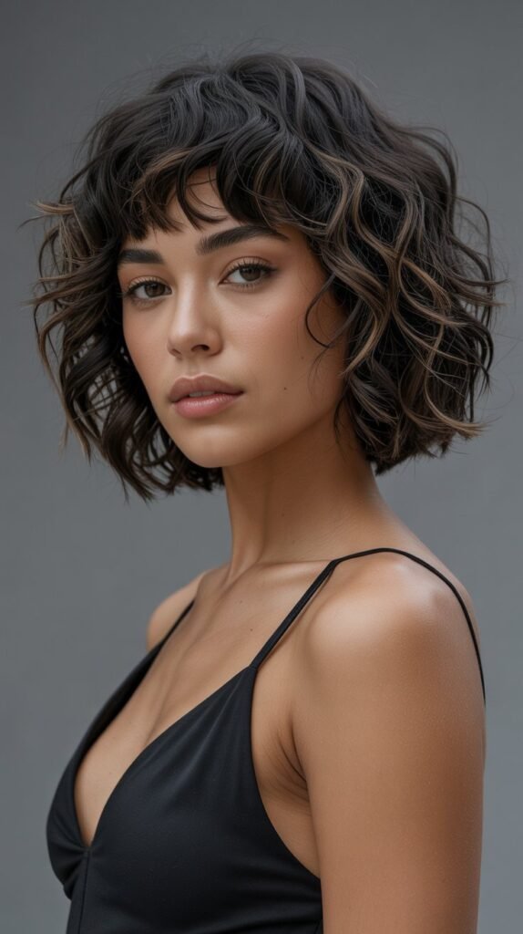 3. Blunt-Cut Curly Lob with Baby Bangs