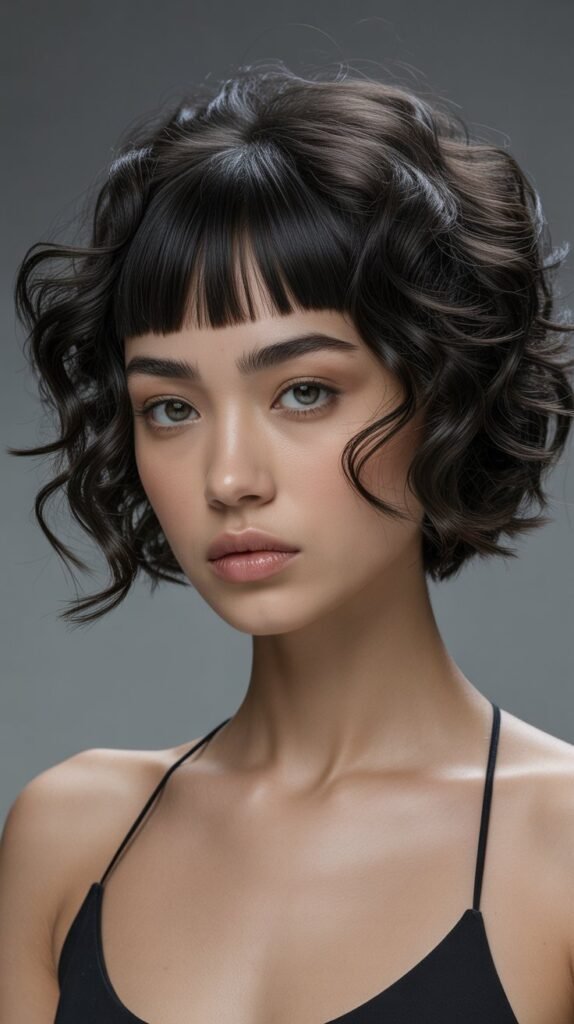 29. Structured Curly Bob with Geometric Bangs