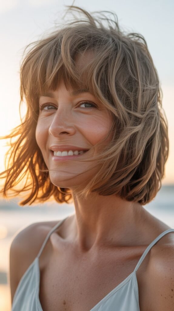28. Long Bob with Beachy Texture and Choppy Bangs
