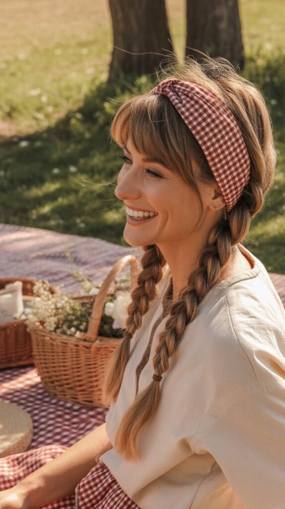 27. Braided Pigtails with Thick Gingham Headband