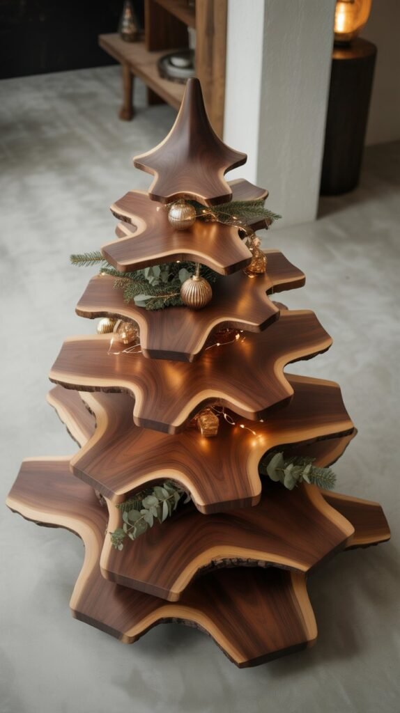 10. Live Edge Wood Slab Christmas Tree
