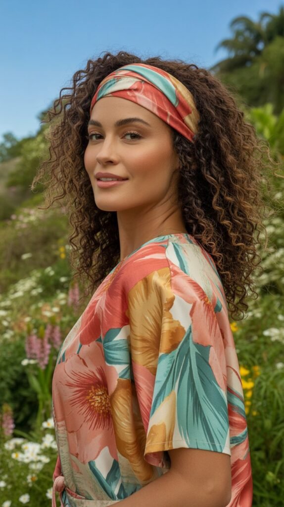30. Natural Curls with Thick Printed Silk Headband