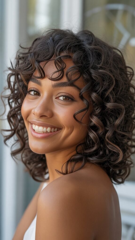  Natural Curly Long Bob with Wispy Bangs