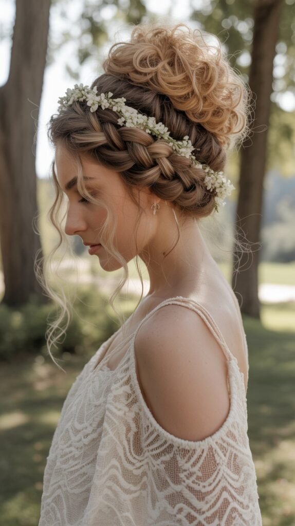 4. Braided Crown with Curly Bun