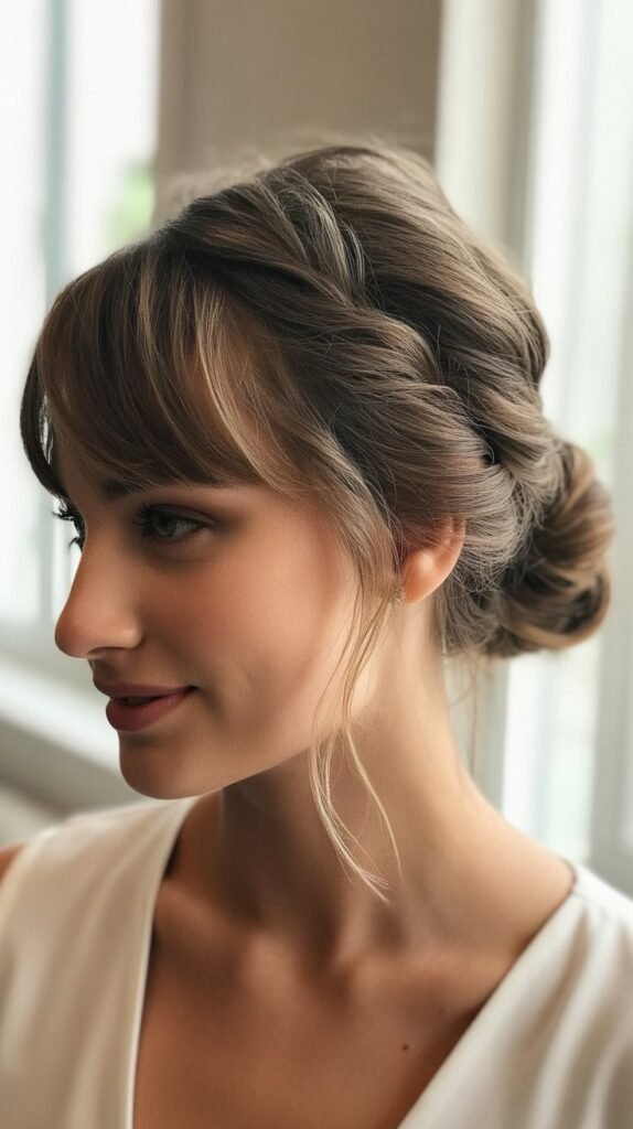 12. Low Twisted Bun with Piecey Bangs