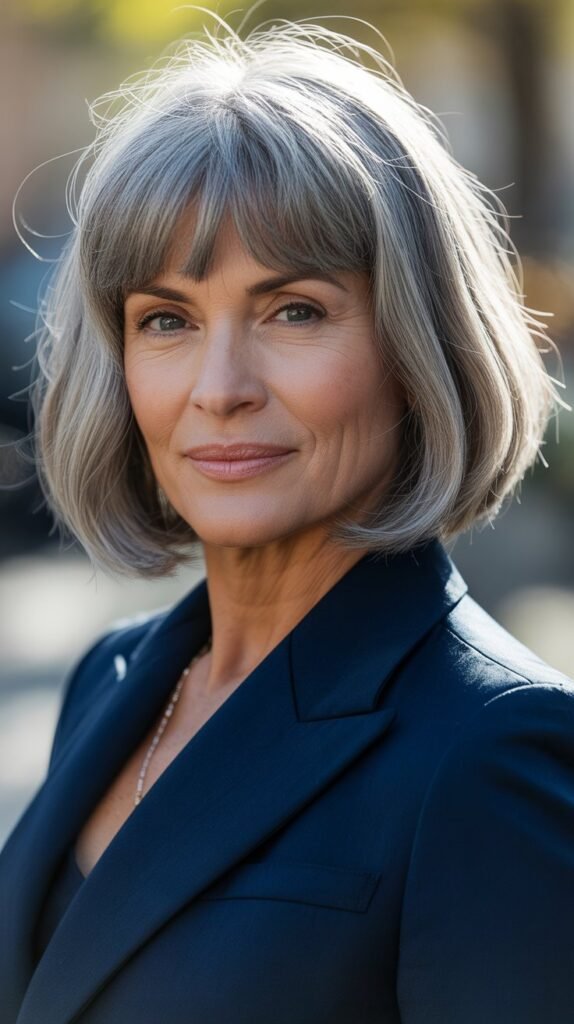  Long Bob with Natural Gray and Textured Bangs
