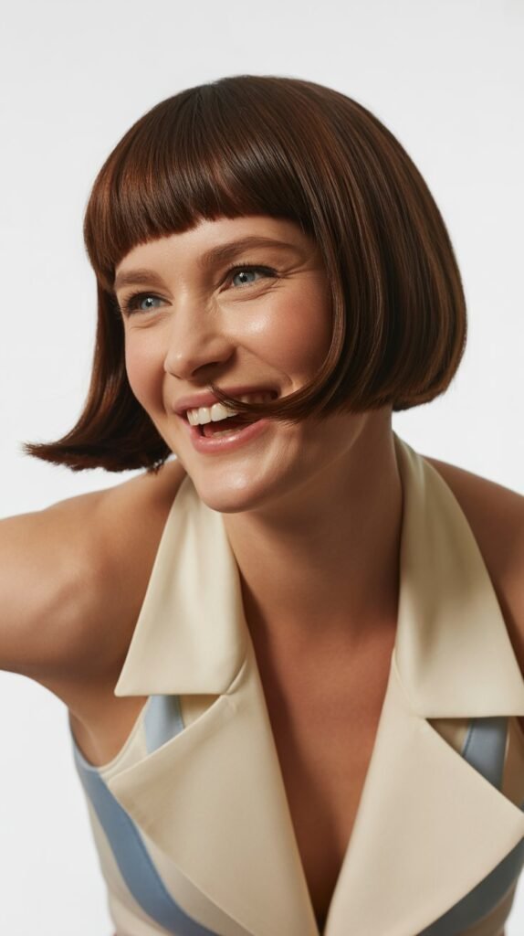 27. Long Bob with Precision Cut and Baby Doll Bangs