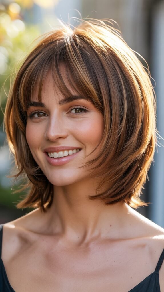 3. Layered Choppy Bob with Curtain Bangs