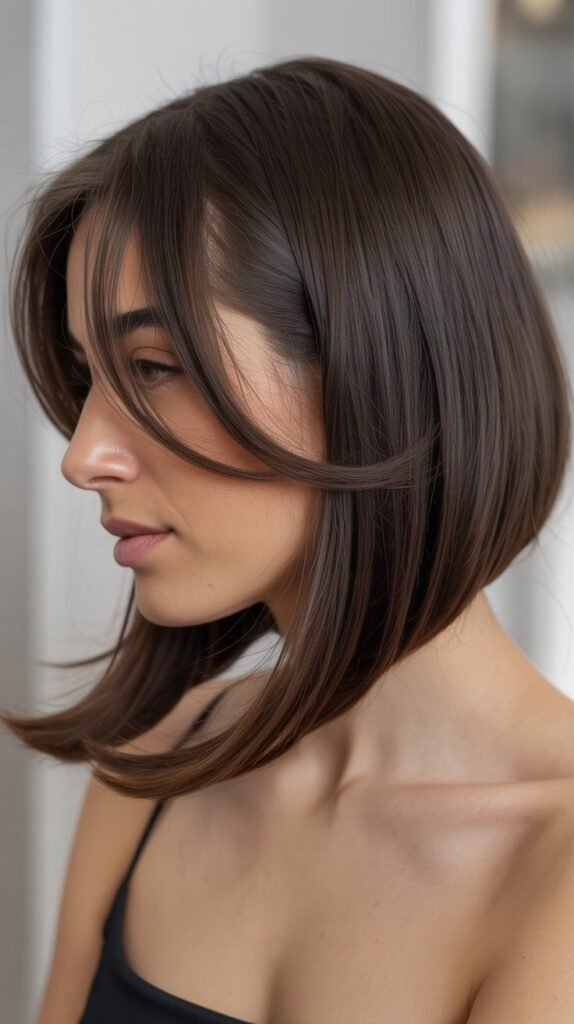 3. Angled Long Bob with Side-Swept Bangs
