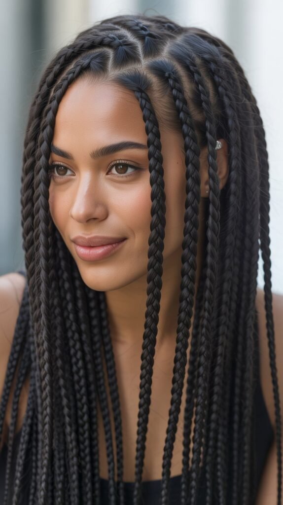 . Side Part Knotless Braids Half-Up Half-Down