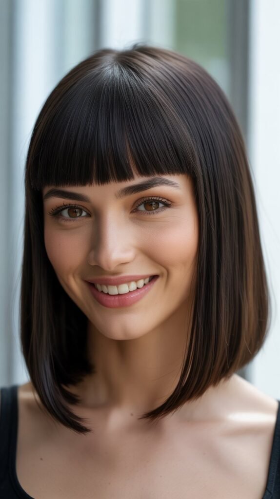 1. Sleek Straight Long Bob with Blunt Bangs