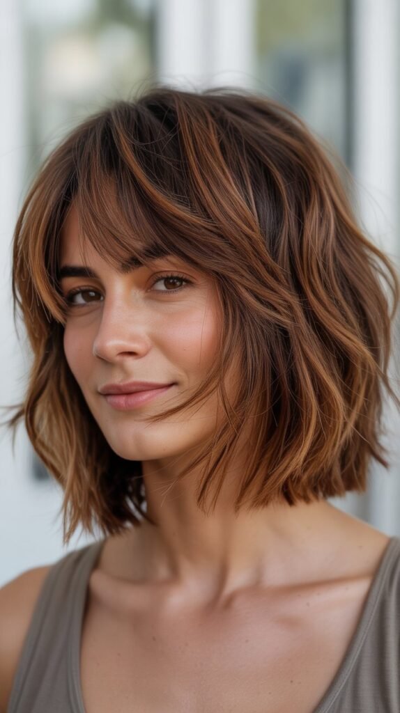 2. Textured Long Bob with Wispy Bangs