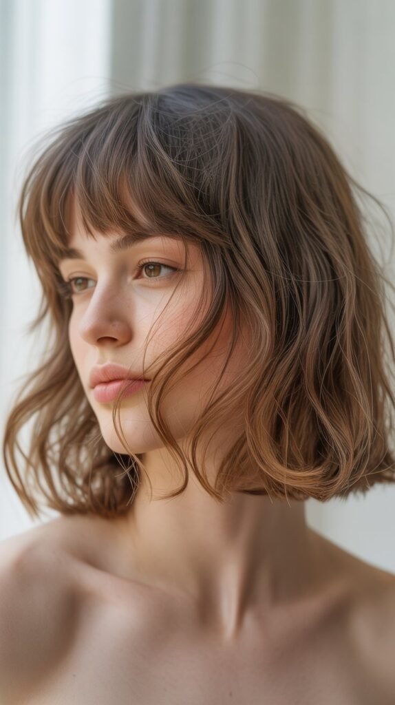 9. Tousled Long Bob with Soft Fringe
