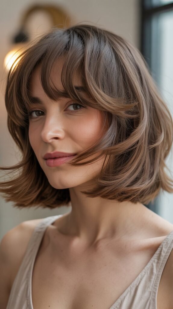 4. Layered Choppy Bob with Curtain Bangs