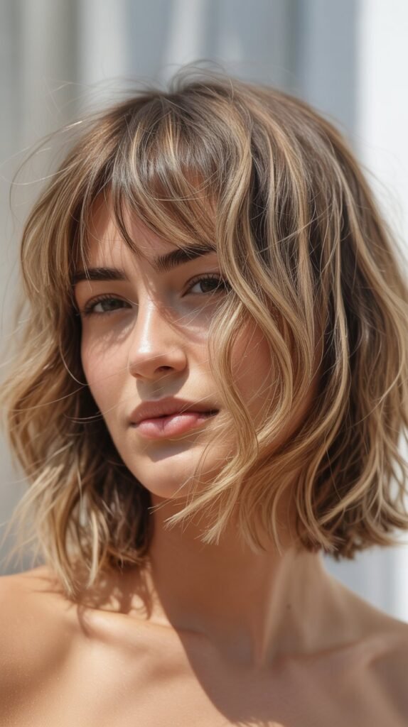 2. Messy Choppy Bob with Wispy Bangs