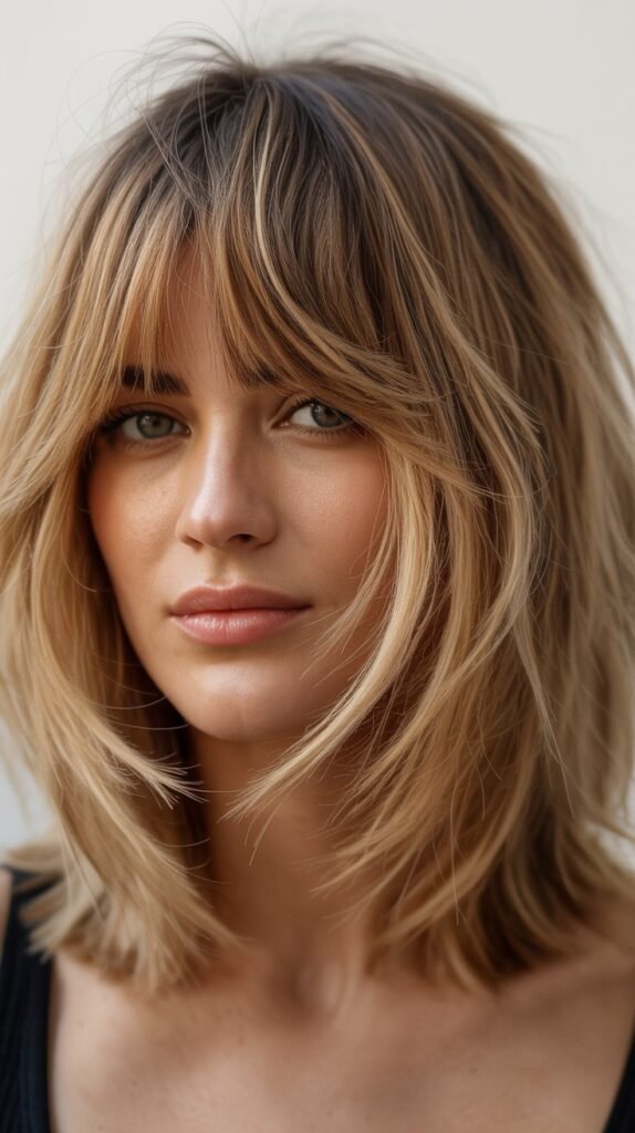 2. Textured Long Bob with Wispy Bangs