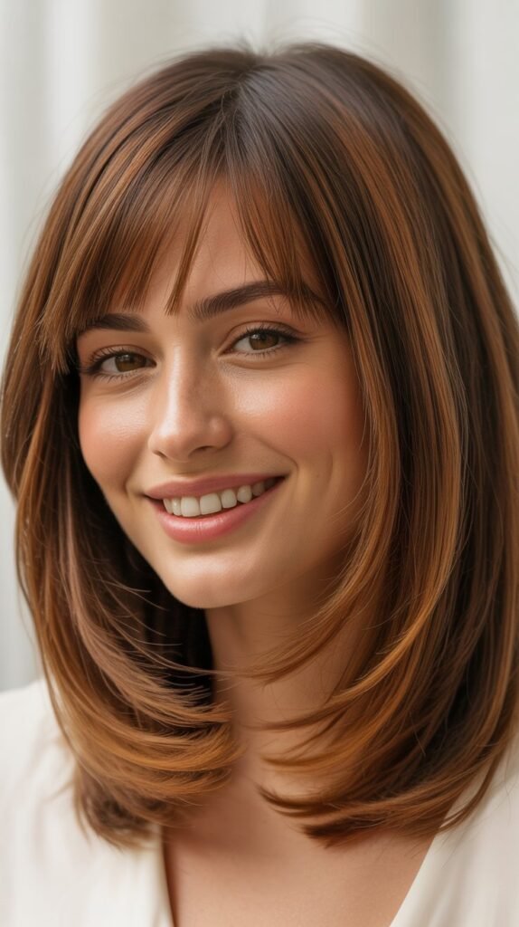 13. Long Bob with Layers and Brow-Skimming Bangs