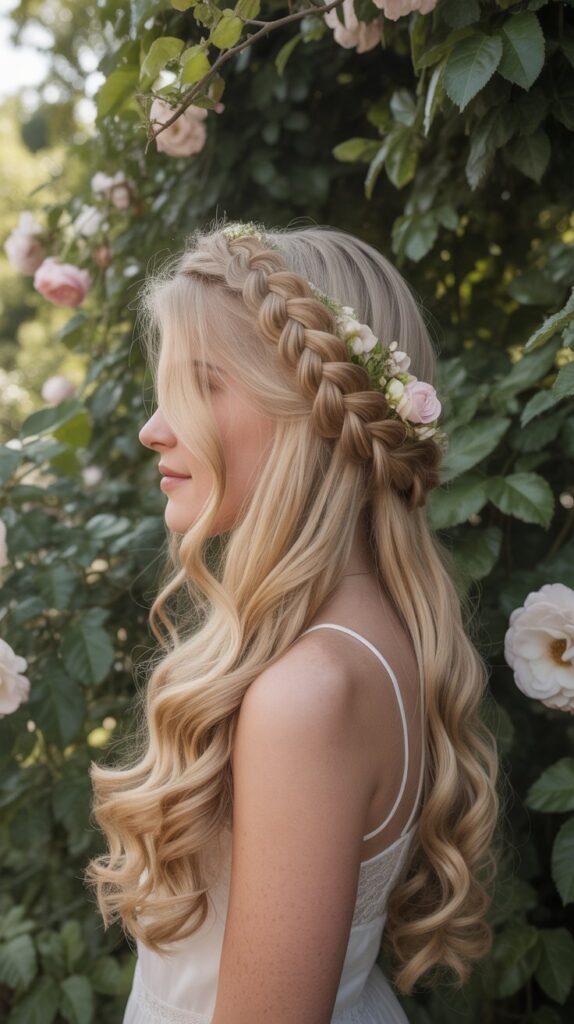 2. Braided Crown Half-Up Style