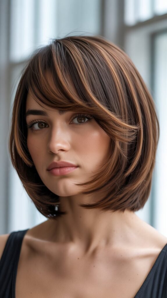 4. Layered Bob with Side-Swept Bangs