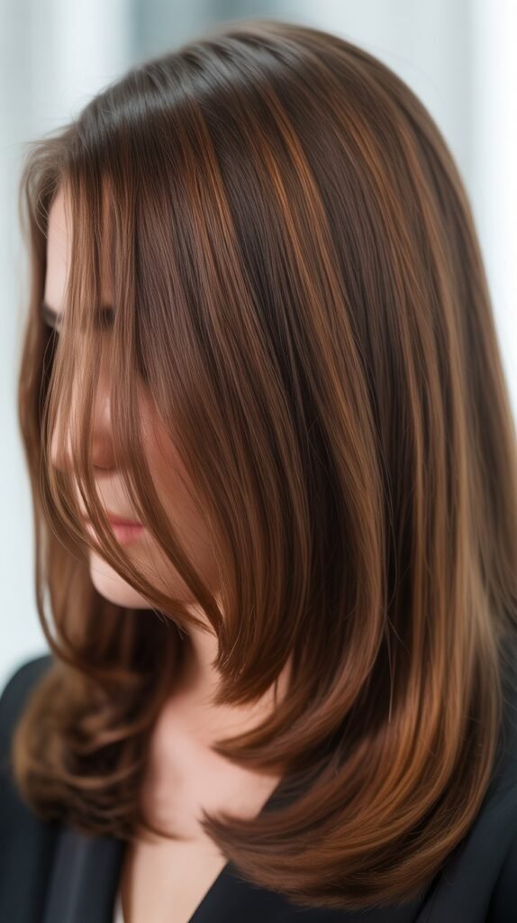 13. Chocolate Balayage with Chestnut Ribbons