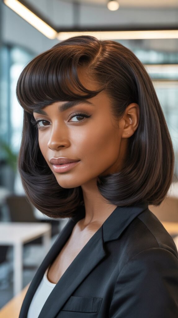30. Long Bob with Swept-Back Bangs