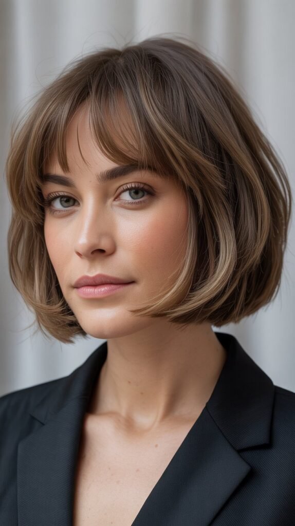 22. Choppy Bob with Curtain Bangs for Heart-Shaped Faces