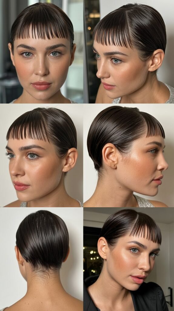 9. Slicked-Back Pixie With Baby Bangs
