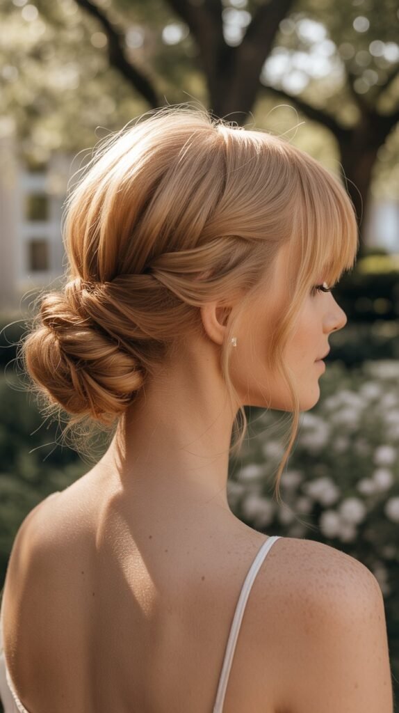 20. Dutch Braid into Low Bun with Feathered Bangs