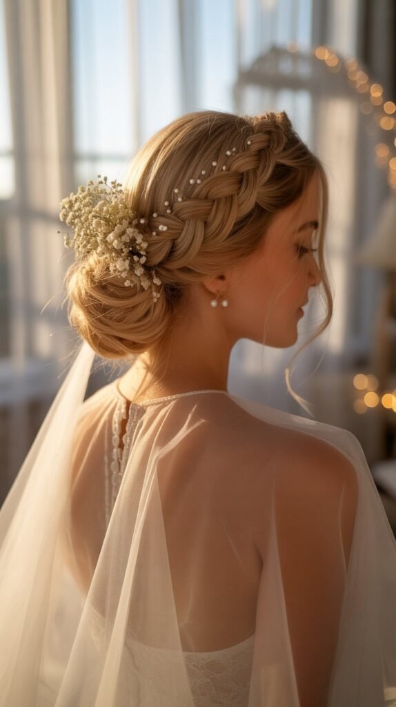 25. Crown Braid with Low Curly Bun