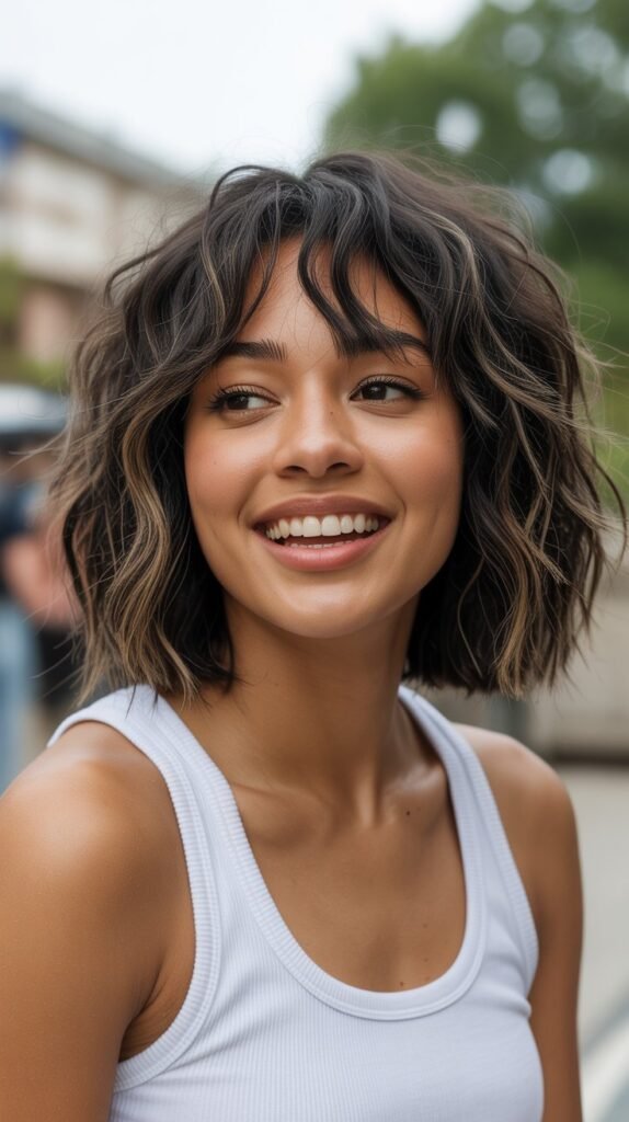 8. Choppy Long Bob with Piece-y Bangs