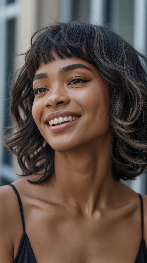 5. Layered Long Bob with Micro Bangs