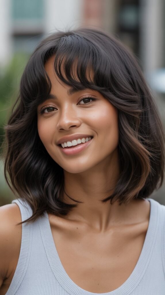 10. Long Bob with Feathered Bangs