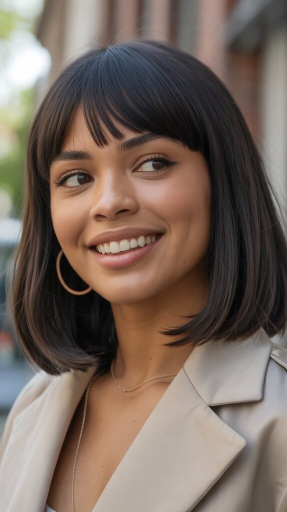 16. Long Bob with Brow-Skimming Bangs