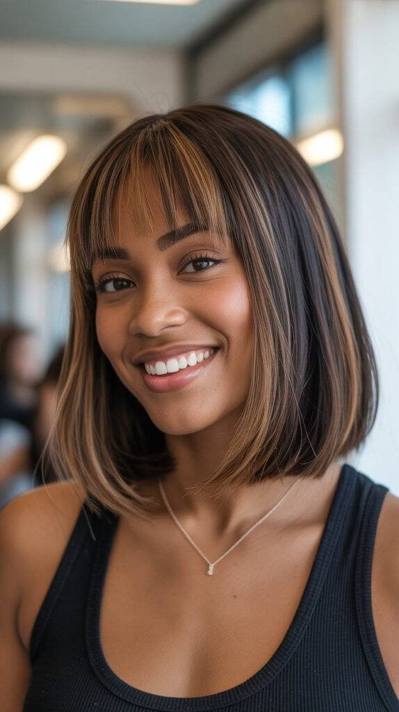 6. Long Bob with Baby Bangs and Highlights