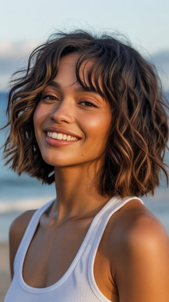 4. Textured Long Bob with Curtain Bangs