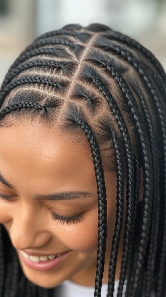 9. Feed-in Cornrows Transitioning to Box Braids