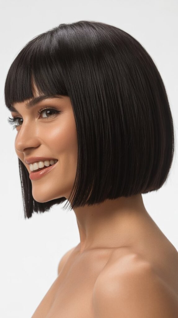 1. Classic Blunt Long Bob with Straight-Across Bangs