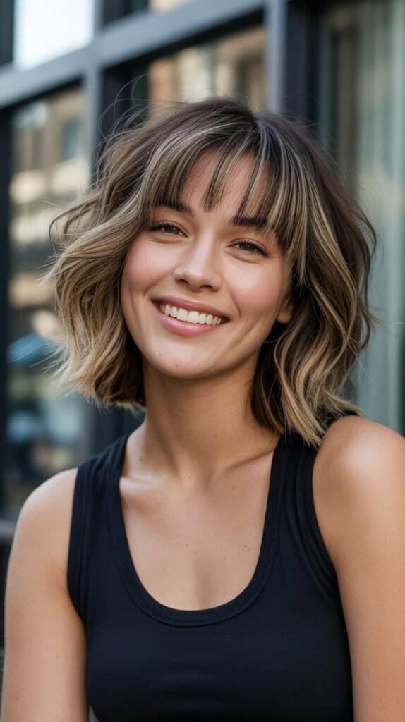 4. Asymmetrical Choppy Bob with Angular Bangs
