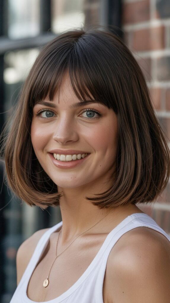 1. Classic Blunt Long Bob with Full Bangs