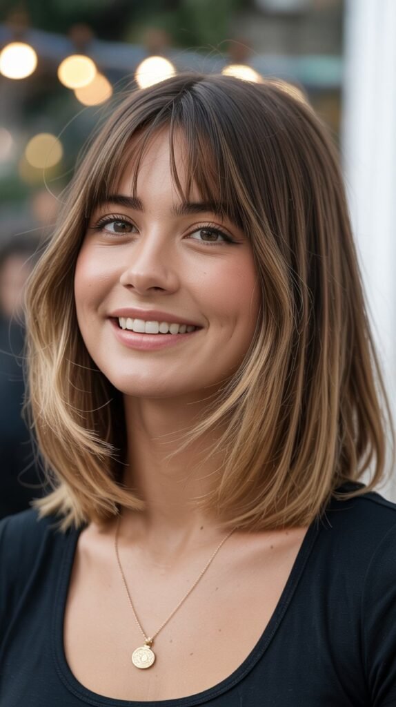  Long Bob with Curtain Bangs and Subtle Highlights