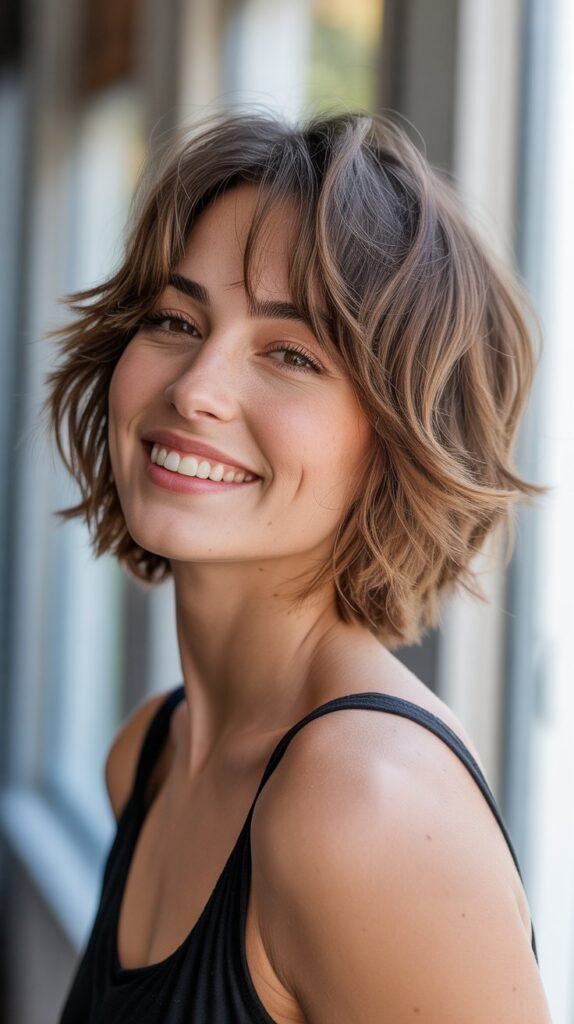 22. Choppy Bob with Feathered Layers and Bangs