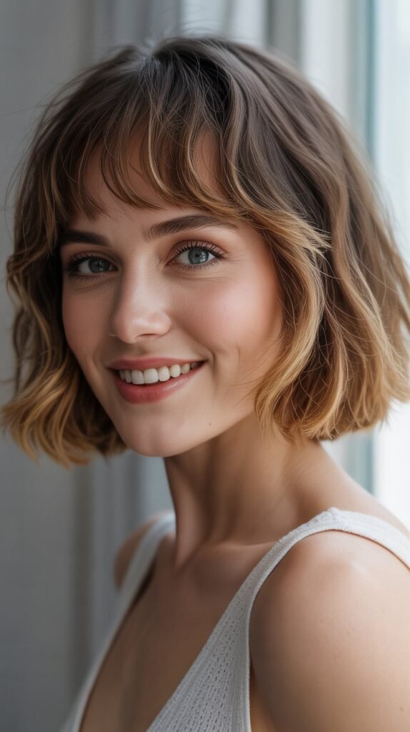 20. Choppy Bob with Straight-Across Wispy Bangs