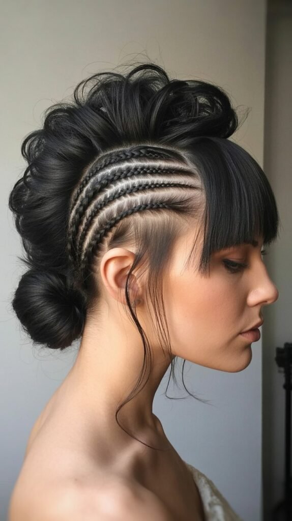 24. Braided Mohawk into Low Bun with Razored Fringe